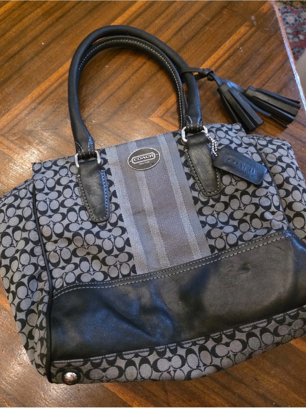 Coach Signature Black and Gray Leather-Trim Satchel